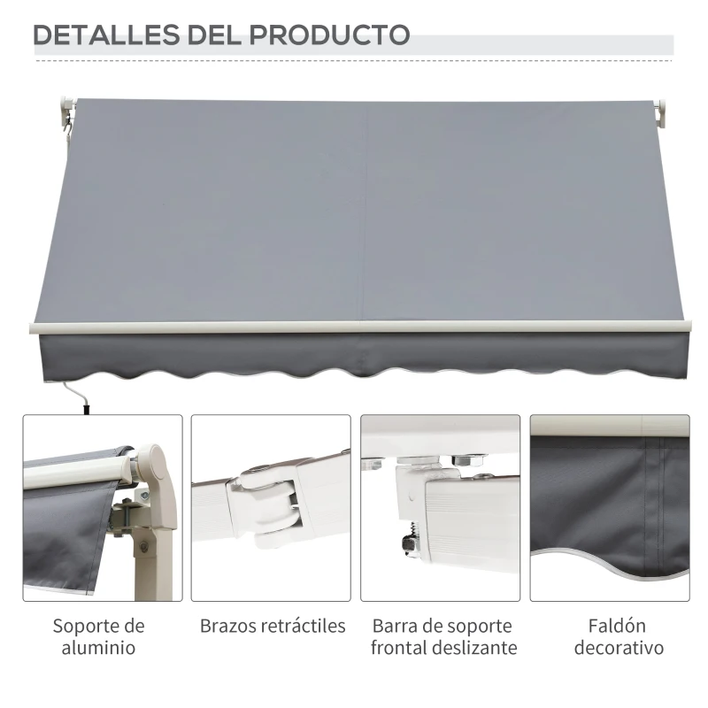 Outsunny Toldo Manual Retráctil 3x2,5 cm Toldo para Balcón con Manivela de Metal Impermeable y Anti-UV Toldo Enrollable de Exterior para Jardín Terraza Ventanas Gris