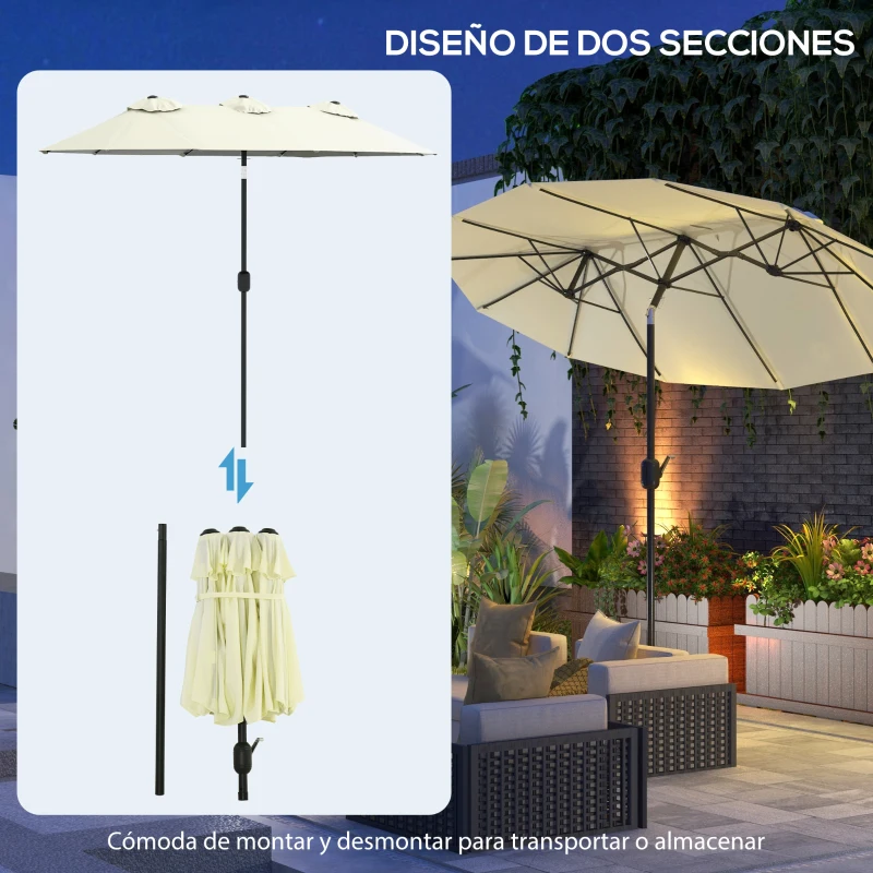 Outsunny Sombrilla Doble de Jardín 295x152x222 cm con Inclinación de 45° y Manivela para Terraza Balcón Piscina Color Beige