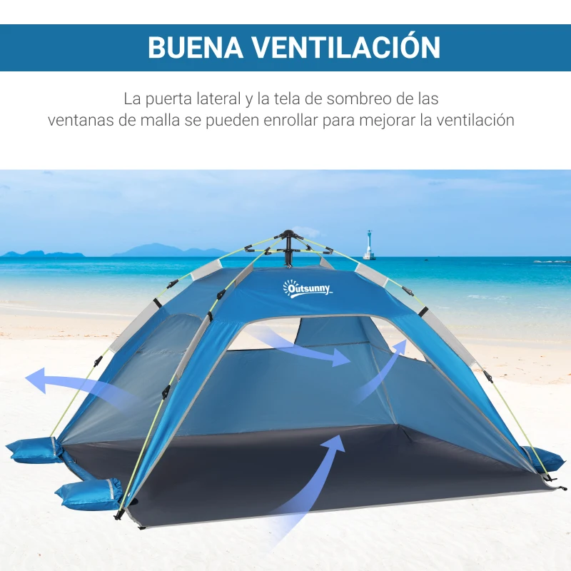 Outsunny Carpa de Playa Pop-up para 1-2 Personas con 2 Accesos y 2 Ventanas y Bolsa de Transporte 220x173x120 cm Azul Claro