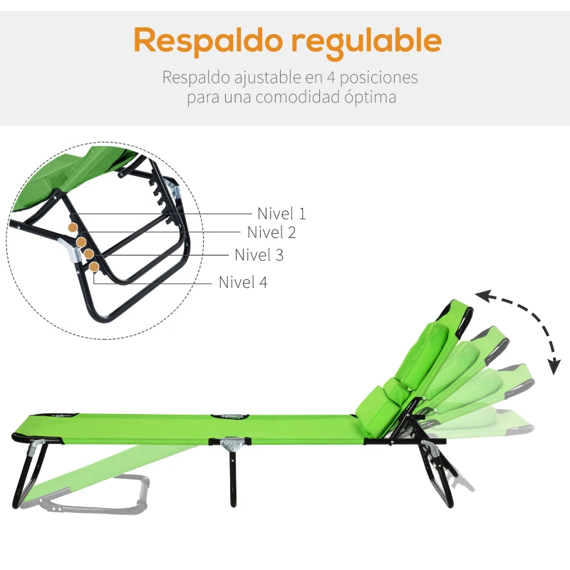 Outsunny Tumbona Plegable con Respaldo Regulable en 4 Posiciones Tumbona de Jardín con Almohada Marco Metálico y Tela Oxford para Camping Playa Terraza Carga 120 kg 190x56x28 cm Verde
