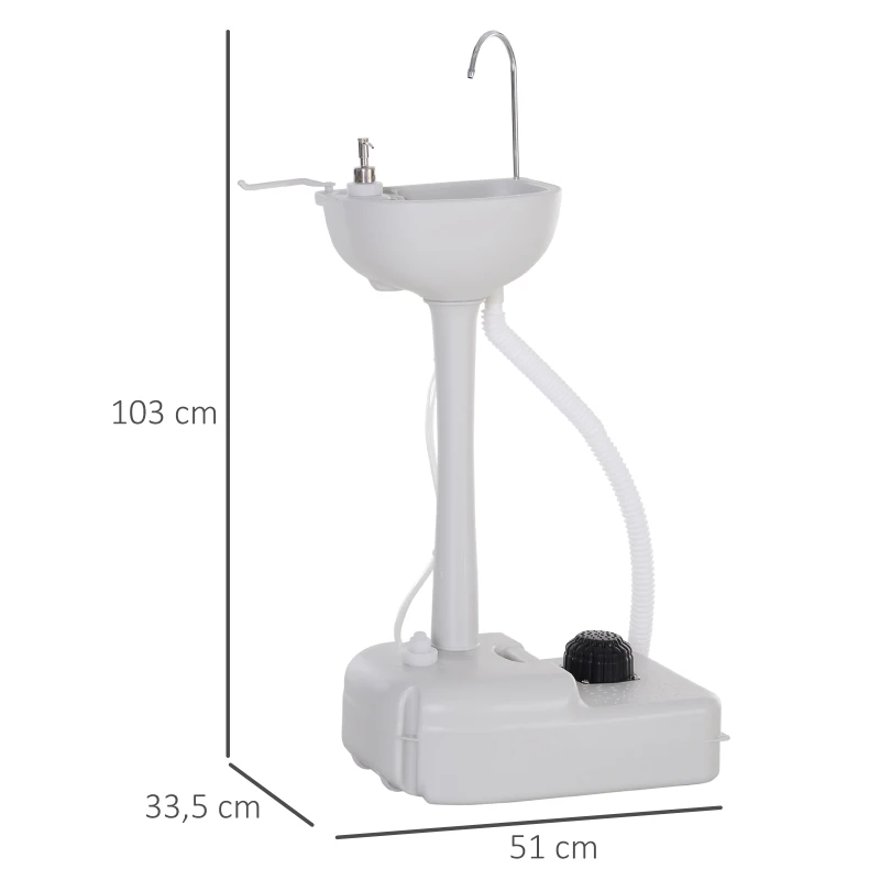 Outsunny Lavamanos Portátil Estación de Lavado para Actividades al Aire Libre y Camping con Tanque de Agua de 17L Dispensador de Jabón Toallero y 2 Ruedas HDPE para Eventos, Reuniones Gris Claro