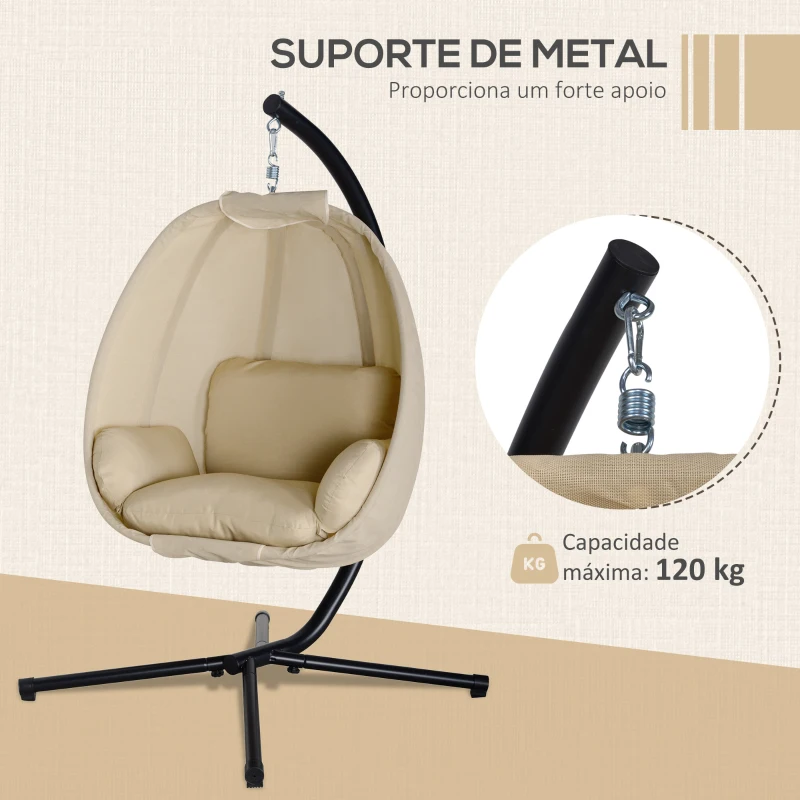 Outsunny Cadeira Suspensa Tipo Ovo com Suporte Baloiço de Jardim com Cesto Dobrável e Almofada Baloiço Suspenso 125x95x170 cm Caqui