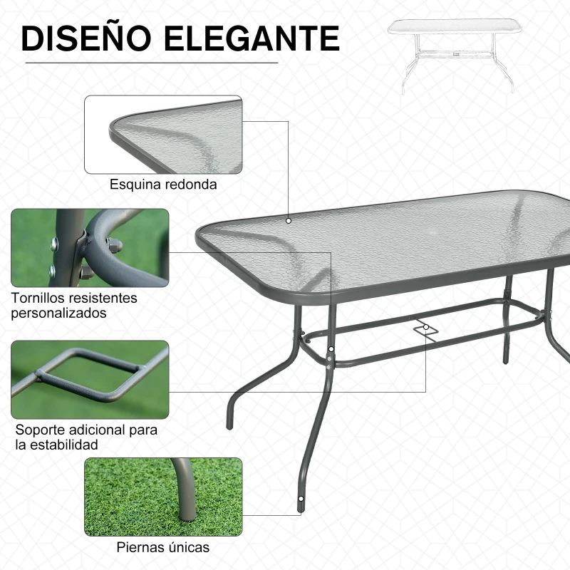 Outsunny Mesa de Jardín Exterior Rectangular de Metal Bordes Curvos con Orificio para Sombrilla Capacidad 70kg Vidrio Templado 140x80x70 cm Gris Carbón