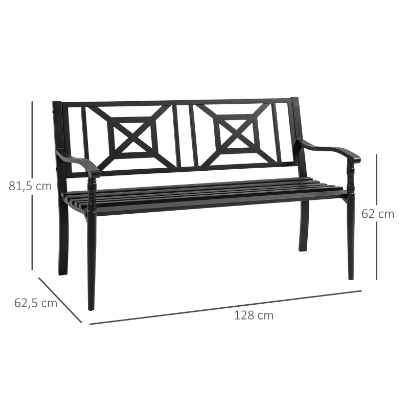 Outsunny Banco de Jardín de 2 Plazas Banco Exterior de Acero con Reposabrazos y Respaldo Decorativo para Terraza Balcón Patio Carga 240 kg 128x62,5x81,5 cm Negro