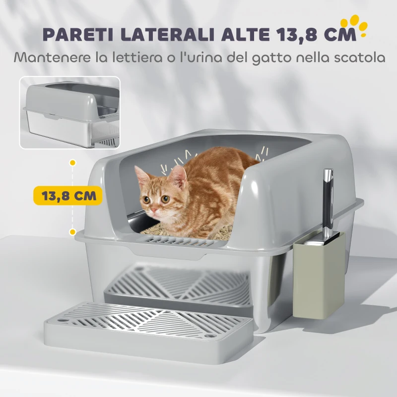 PawHut Lettiera per Gatti con Gradino, Paletta e Box Portaoggetti, in Acciaio Inox e ABS, 60.2x40.6x29 cm, Grigio Chiaro