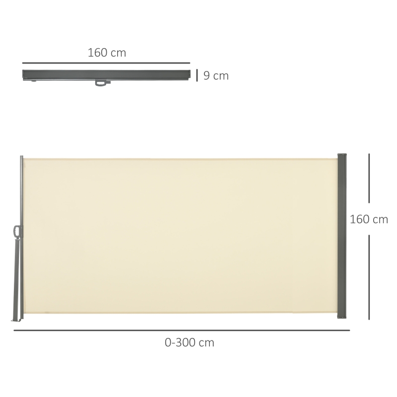 Outsunny Toldo Lateral Retráctil 300x160cm Pantalla Enrollable Mampara de Privacidad y Protección Solar para Balcón Terraza Crema