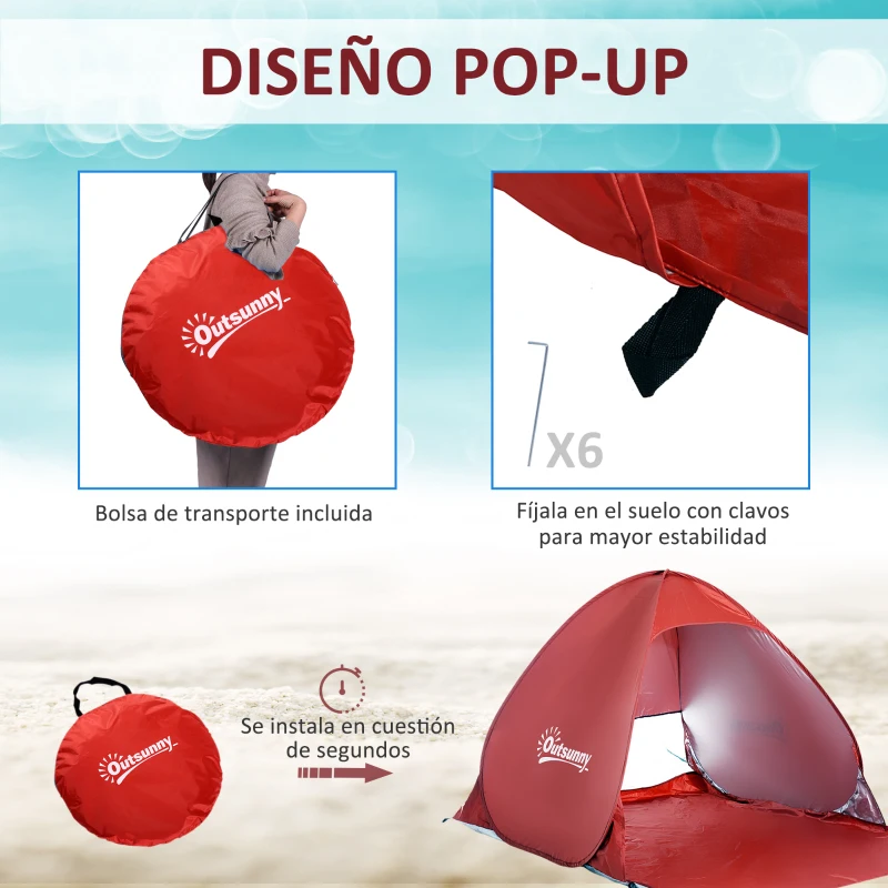 Outsunny Tienda de Playa para 2-3 Personas Pop-Up con Ventanas tipo Refugio con Protección Solar UV 200x150x119 cm Rojo