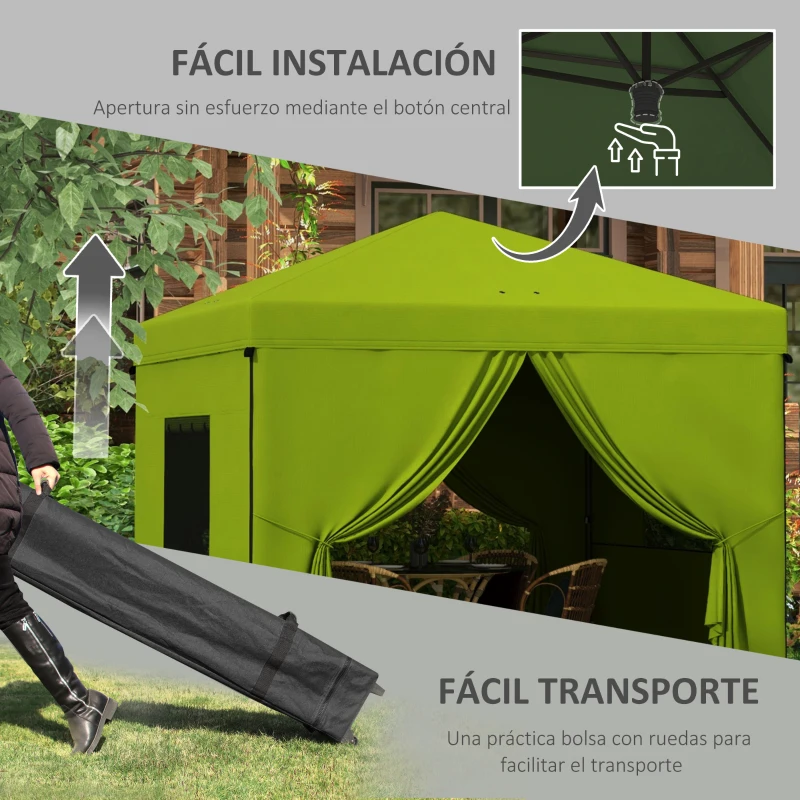 Outsunny Carpa Plegable 3x3 m con 4 Cortinas Laterales 2 Ventanas de Malla Altura Ajustable Impermeable y Anti-UV Verde