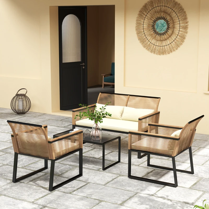 Outsunny Conjunto de Jardim 4 Peças de Vime Sintético com 2 Cadeiras 1 Sofá de 2 Lugares e Mesa de Centro Madeira e Creme