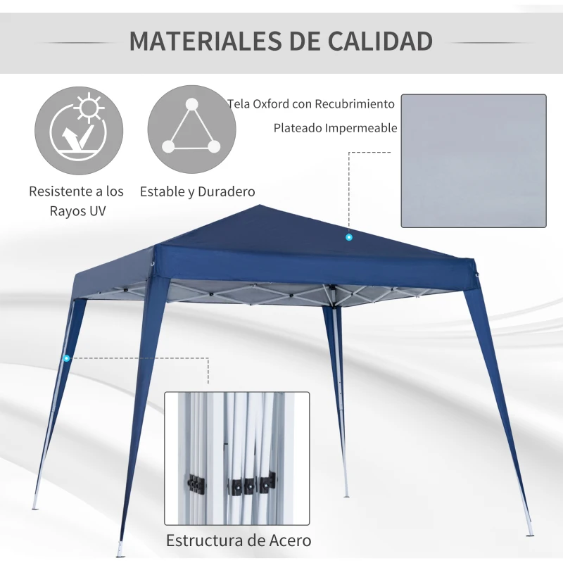 Outsunny Carpa Plegable 2,4x2,4m Cenador de Jardín Impermeable Diseño Pop Up de Acero y Cubierta de Tela Oxford Gazebo para Exterior Azul