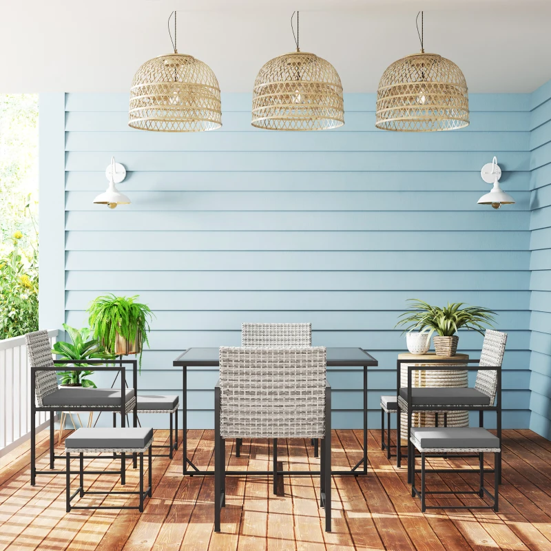 Outsunny Conjunto de Móveis de Jardim de Vime de 9 Peças com Mesa com Vidro Temperado 4 Cadeiras 4 Bancos Cinzento