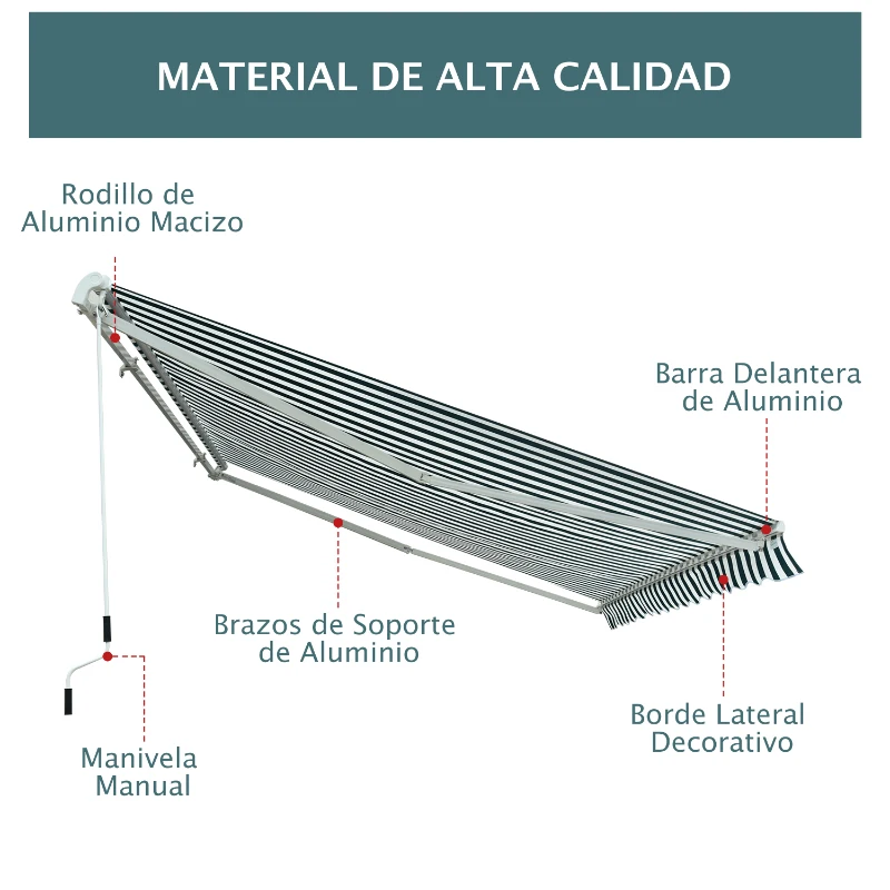 Outsunny Toldo Manual Retráctil 295x250cm Ángulo Ajustable con Manivela para Exterior Balcón Jardín Terraza Verde