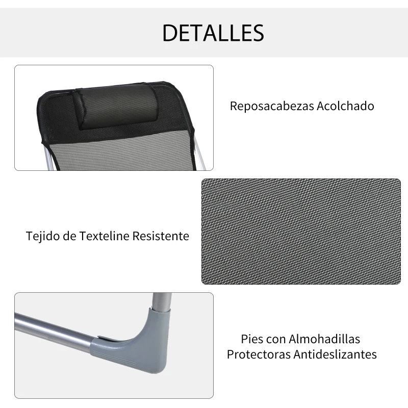 Outsunny Tumbona Plegable y Reclinable de Jardín con Reposacabezas y Respaldo Ajustable en 5 Niveles Tela de Texteline Transpirable 182x56x28 cm Negro