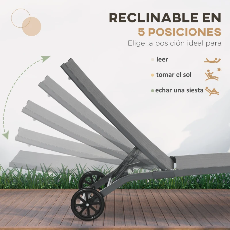 Outsunny Juego de 2 Tumbonas Reclinables de Jardín de Aluminio con Respaldo Ajustable y Ruedas 165x66x102 cm Gris Oscuro