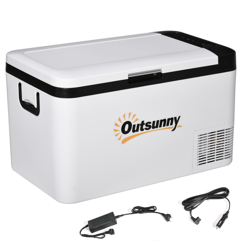 Outsunny Nevera Portátil Eléctrica 25L 12/24V hasta -20℃ Nevera y Congelador de Compresor para Coche con Luz LED y Asas Plegables Bajo Consumo Energético para Hogar Camping 58,5x33,5x35,2 cm Blanco