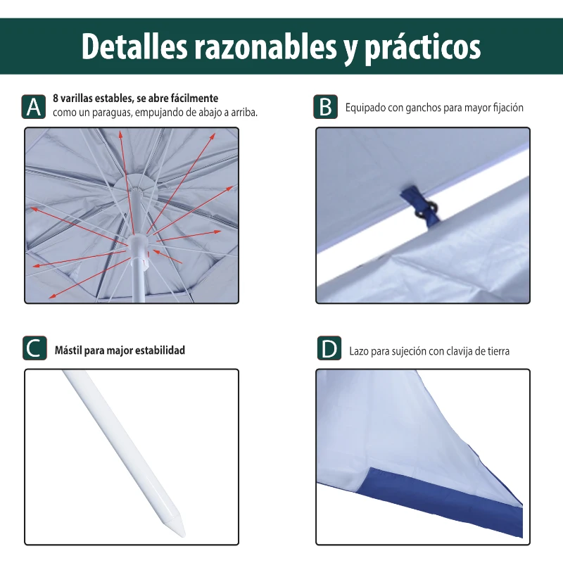 Outsunny Parasol para Playa 2 en 1 con 2 Paneles Laterales Toldo Portátil Anti-UV con Bolsa de Transporte Ø210x222cm Azul