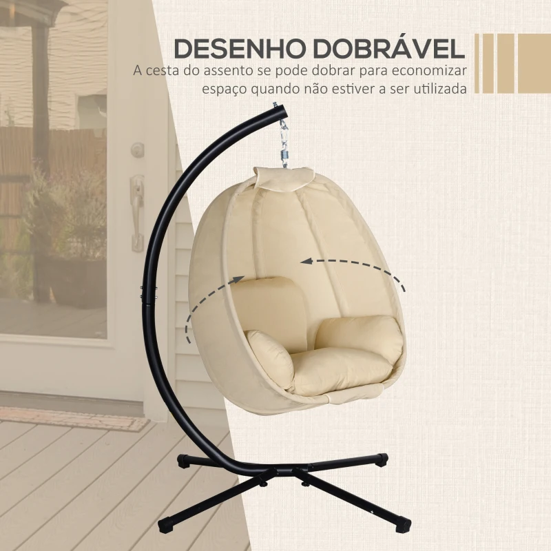 Outsunny Cadeira Suspensa Tipo Ovo com Suporte Baloiço de Jardim com Cesto Dobrável e Almofada Baloiço Suspenso 125x95x170 cm Caqui