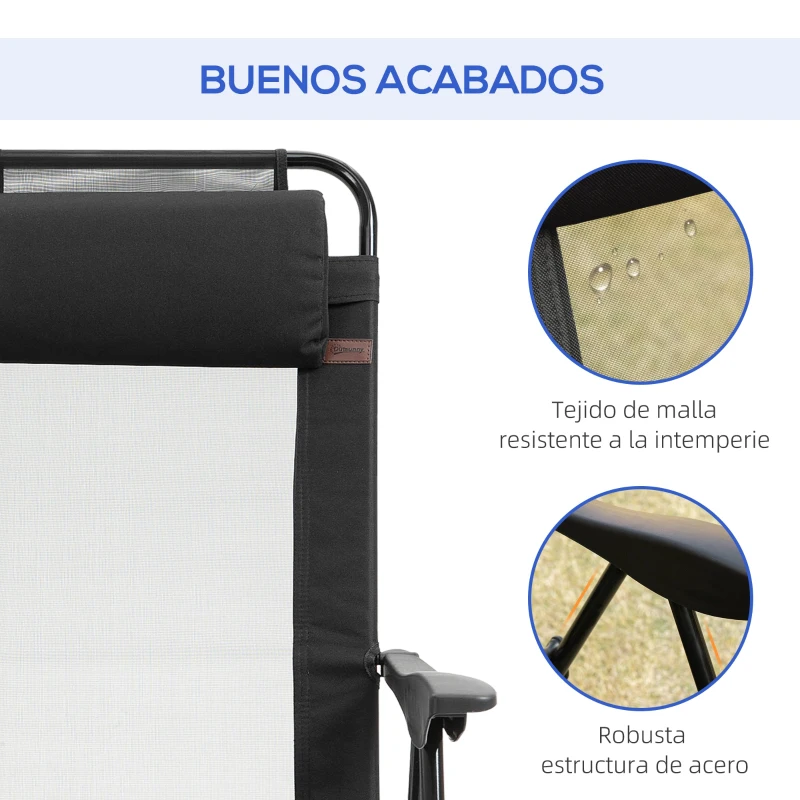 Outsunny Conjunto de 2 Sillas de Camping Plegables con Reposacabezas Desmontable y Respaldo Reclinable 62x70x109 cm Negro