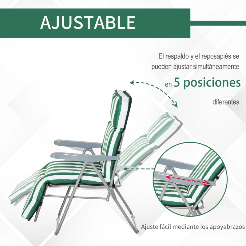 Outsunny 2 Tumbonas de Jardín de Acero con Cojín Acolchado Respaldo Ajustable y Reposapiés 60x75x66-102 cm Rayas Verde