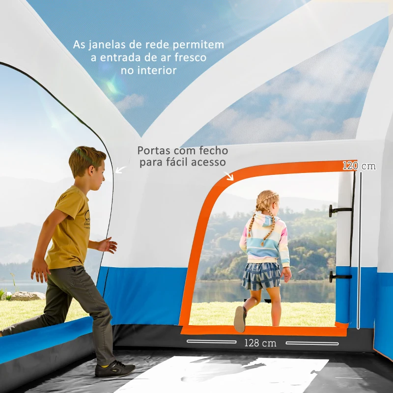 Outsunny Tenda de Campismo Familiar para 4-6 Pessoas com 2 Quartos Alpendre Impermeável 3000 mm Anti-UV 430x305x195 cm Azul