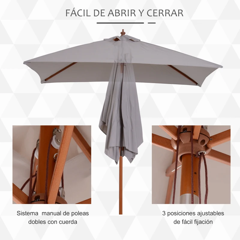 Outsunny Parasol de Terraza Rectangular Inclinable 200x150x235 cm con Anti-UV Impermeable y Poste de Madera Gris