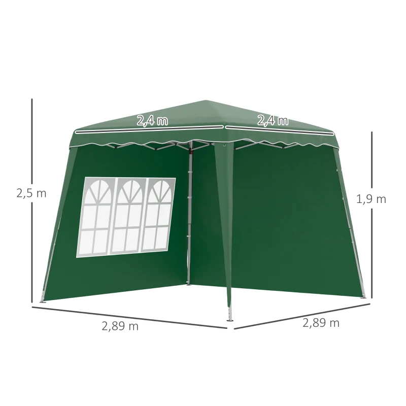 Outsunny Carpa Plegable con 2 Paredes Laterales 2,89x2,89m Cenador Pabellón de Jardín con Altura Ajustable Protección UV50+ Verde