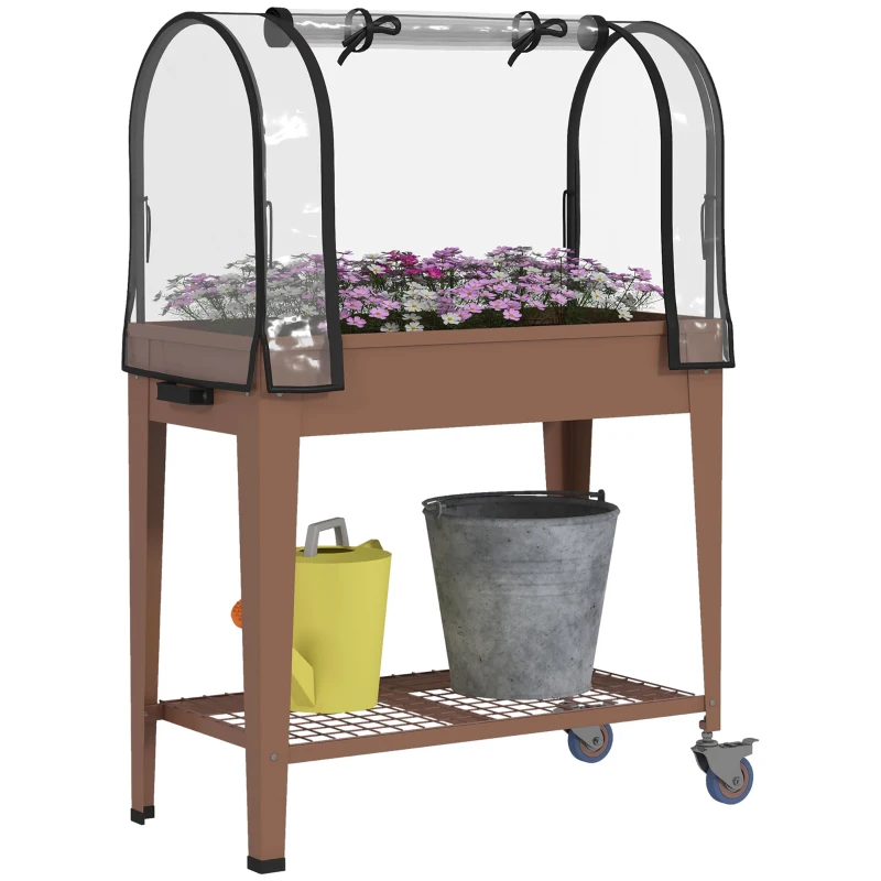 Outsunny Huerto Urbano Elevado 80x40x120 cm con Cubierta de Invernadero y Estante Inferior para Cultivo Plantas Flores Marrón
