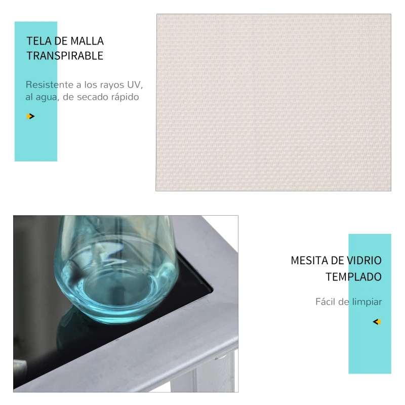 Outsunny Set de 2 Tumbonas Jardín Exterior con Mesa Auxiliar de Vidrio Templado Tumbonas con Respaldo Reposabrazos para Patio Piscina Terraza Exterior Beige