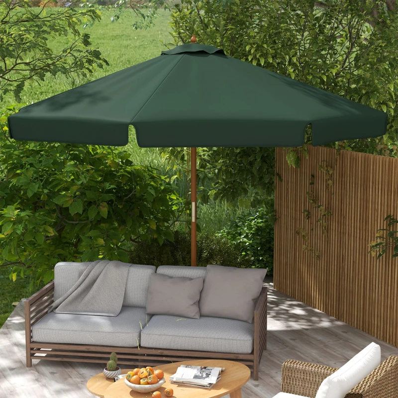 Outsunny Parasol de Madera Ø325x250 cm con Sistema de Polea Techo de Ventilación y 8 Varillas de Bambú para Terraza Balcón Verde