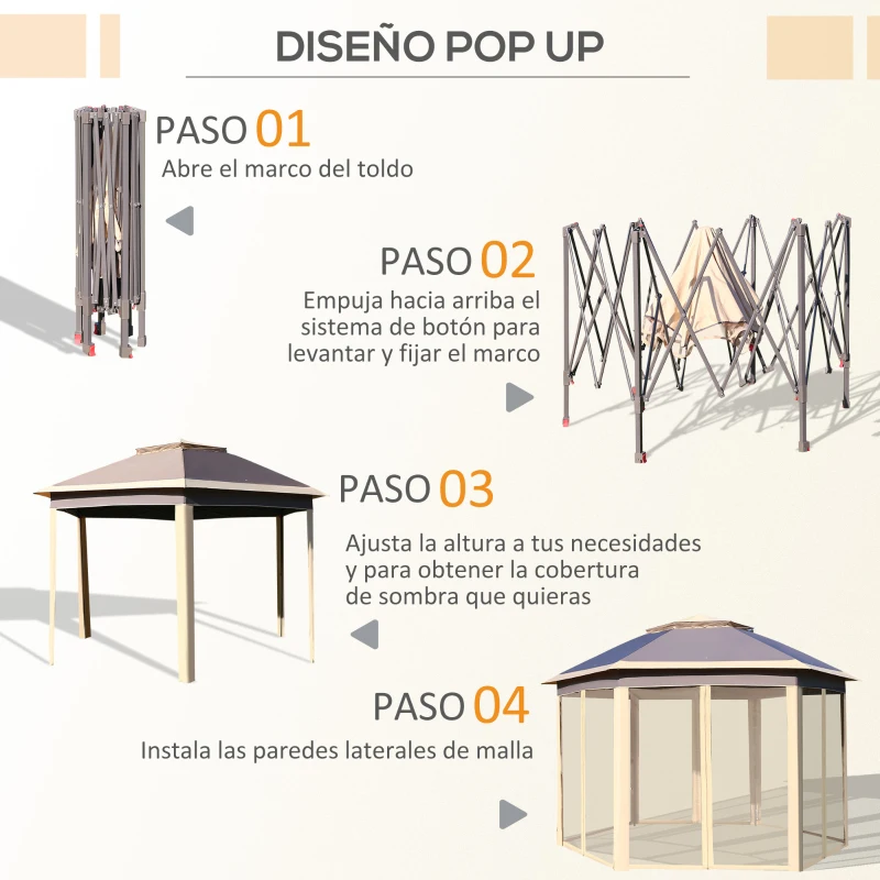 Outsunny Cenador de Jardín Hexagonal 4,05x3,4x2,85 m con Doble Techo 6 Mosquiteras Desmontables Bolsa y Anti-UV Beige