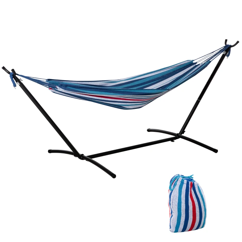 Outsunny Cama Rede com Suporte 310x117 cm com Bolsa de Transporte Altura Ajustável Capacidade 120 kg para Campismo Azul e Branco