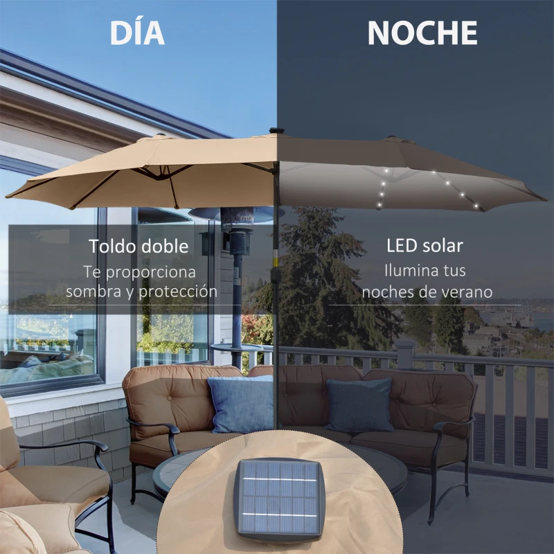 Outsunny Sombrilla Doble 450x265x240 cm con 48 Luces LED Manivela Protección Solar para Terraza Balcón Piscina Caqui