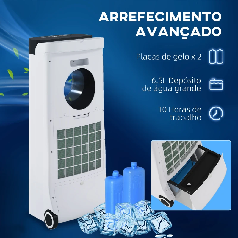 HOMCOM Climatizador 3 em 1 75W com 6 Velocidades Temporizador até 24H Depósito de 6,5 L Oscilação de 60º 34x25,5x80 cm Branco