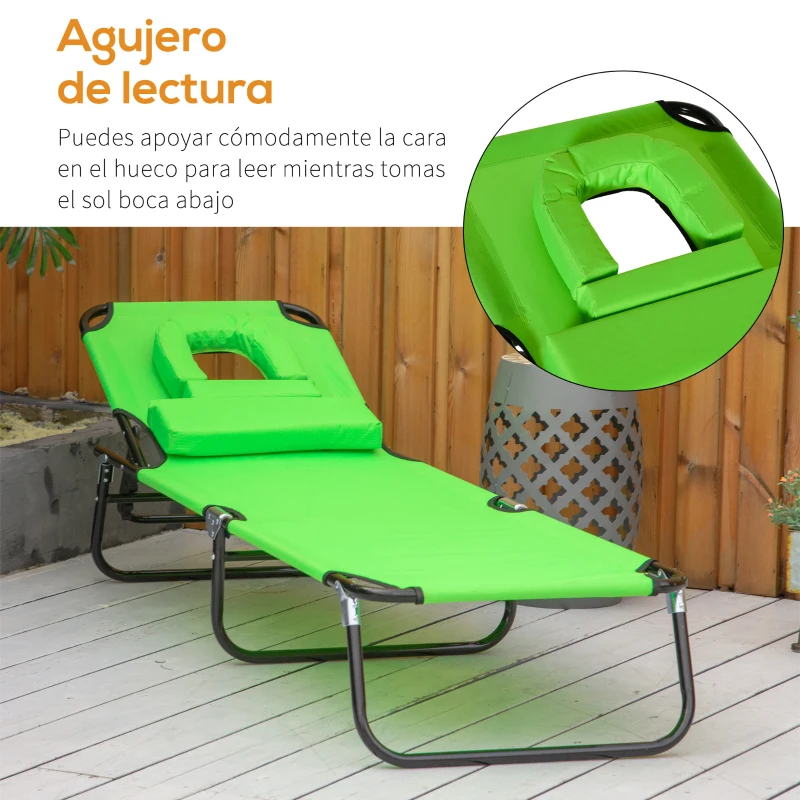 Outsunny Tumbona Plegable con Respaldo Regulable en 4 Posiciones Tumbona de Jardín con Almohada Marco Metálico y Tela Oxford para Camping Playa Terraza Carga 120 kg 190x56x28 cm Verde