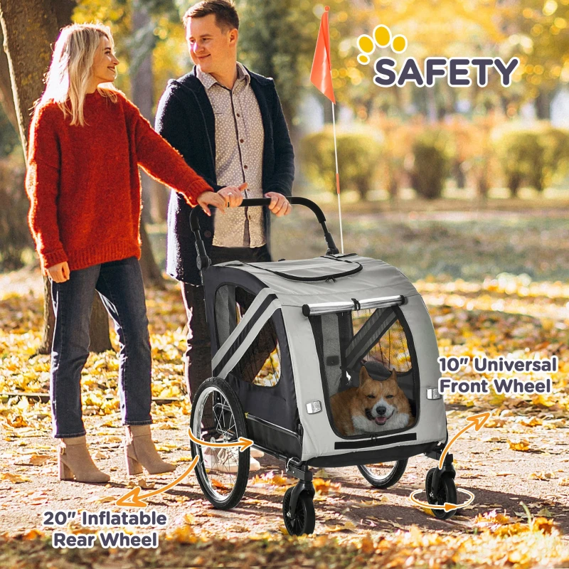 PawHut Remolque de Bicicleta para Perros 2 en 1 con Puertas Enrollables Cinturón de Seguridad Carga 30 kg 140x72,5x108 cm Gris