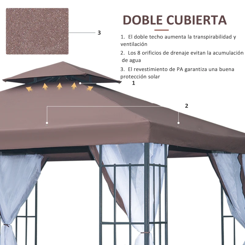 Outsunny Cenador de Jardín 3x3 m Pabellón para Exterior con Doble Techo de Ventilación 4 Mosquiteras Extraíbles y Marco de Acero Protección Solar Gazebo para Fiestas Eventos Café