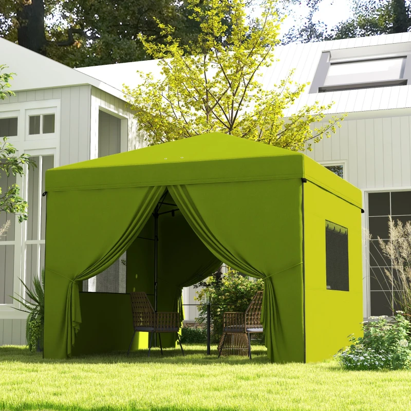 Outsunny Carpa Plegable 3x3 m con 4 Cortinas Laterales 2 Ventanas de Malla Altura Ajustable Impermeable y Anti-UV Verde