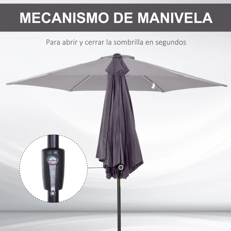 Outsunny Sombrilla para Jardín de Aluminio Ø260x235 cm Parasol de Jardín Reclinable con Manivela y 6 Varillas de Metal para Terraza Exterior Balcón Gris