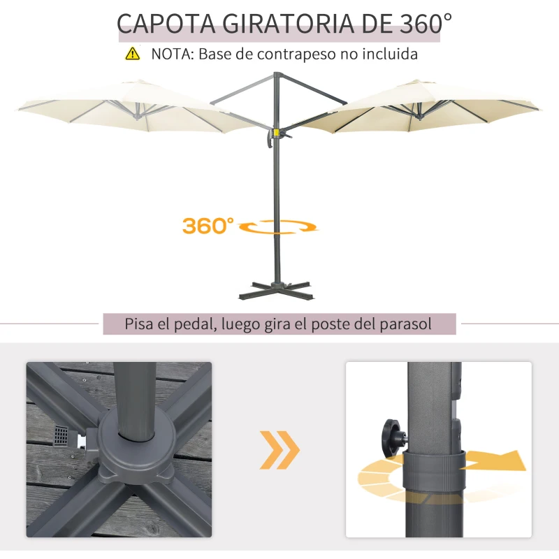 Outsunny Sombrilla de Jardín de Aluminio Ø300x250 cm con Manivela Toldo Inclinable Giratorio 360° con Pedal y Base Cruzada Crema