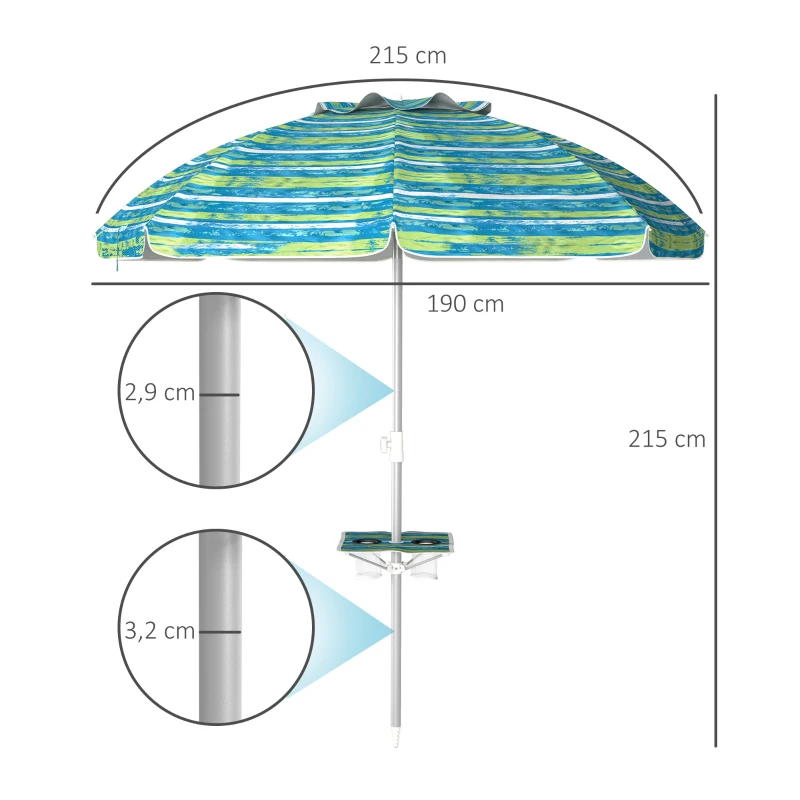 Outsunny Sombrilla de Playa Ø190x215 cm con Reclinación 45° Altura Ajustable y Mesa con Portavasos Anti-UV Impermeable Multicolor