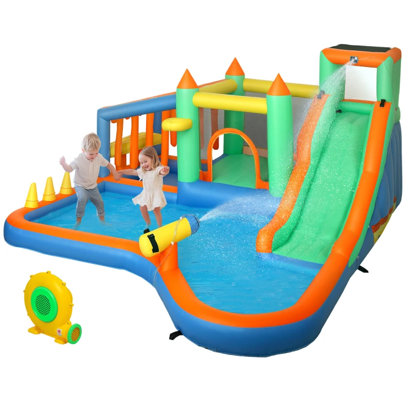 AIYAPLAY 8 in 1 Inflatable Bounce House with 680W Blower, Slide, 2 Pools, Basketball Hoop, Climbing Wall, Water Gun, Ring Toss