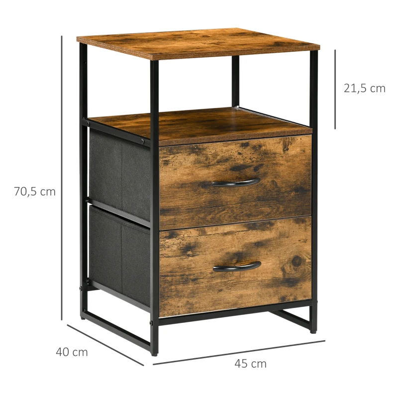 HOMCOM Mesa Auxiliar com 2 Gavetas Dobráveis Prateleira Aberta e Estrutura de Aço Mesa de Cabeceira 45x40x70,5 cm Castanho Rústico