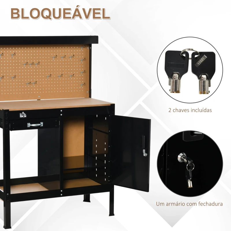 HOMCOM Bancada de Trabalho 98,5x48x140 cm Mesa de Trabalho com Painel Perfurado Gaveta Prateleira e Armário com Fechadura Preto