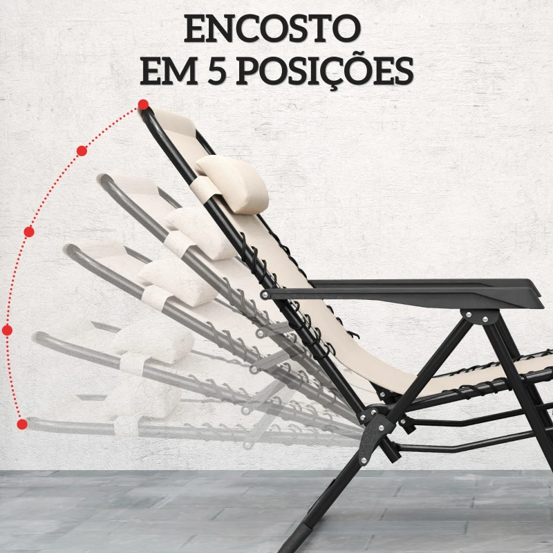 Outsunny Conjunto de 2 Espreguiçadeiras Jardim Dobráveis com Mesa Auxiliar Porta-Copos e Encosto Ajustável 90x65x110 cm Bege