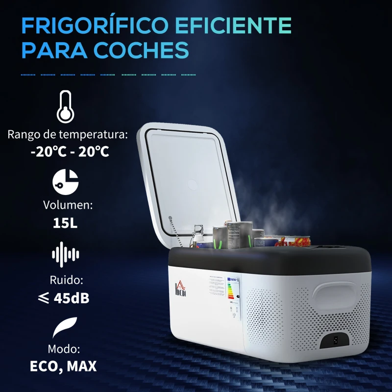 HOMCOM Nevera Compresor Portátil 15L Refrigerador de Coche -20℃-20℃ 12 / 24V DC y 100-240V CA 56,8x33x26,2 cm Blanco