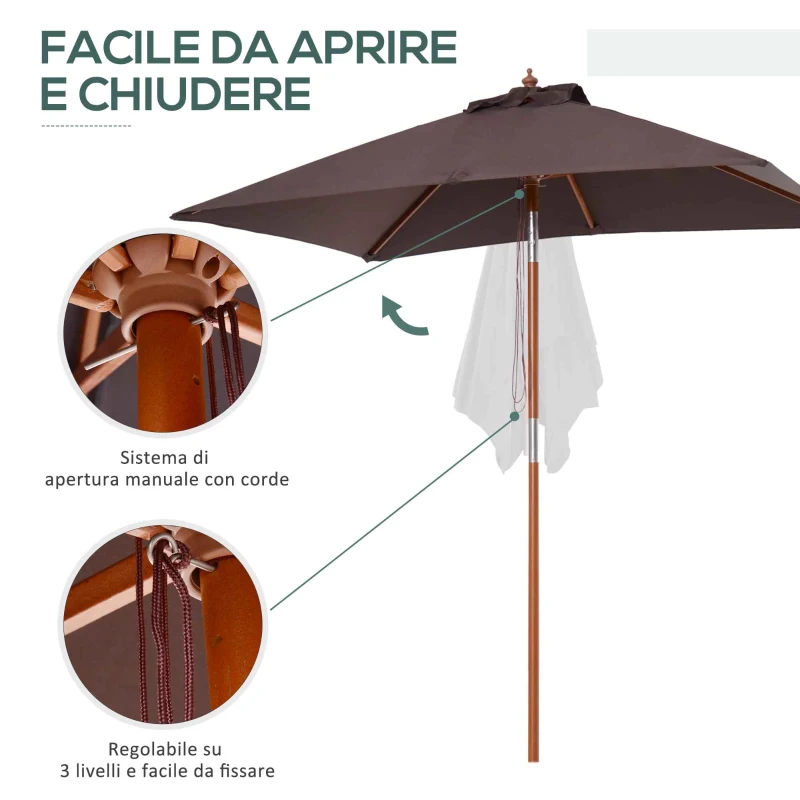 Outsunny Ombrellone Rettangolare Inclinabile 2x1.5 m con 6 Stecche e Apertura a Corda, in Bambù e Poliestere Caffè