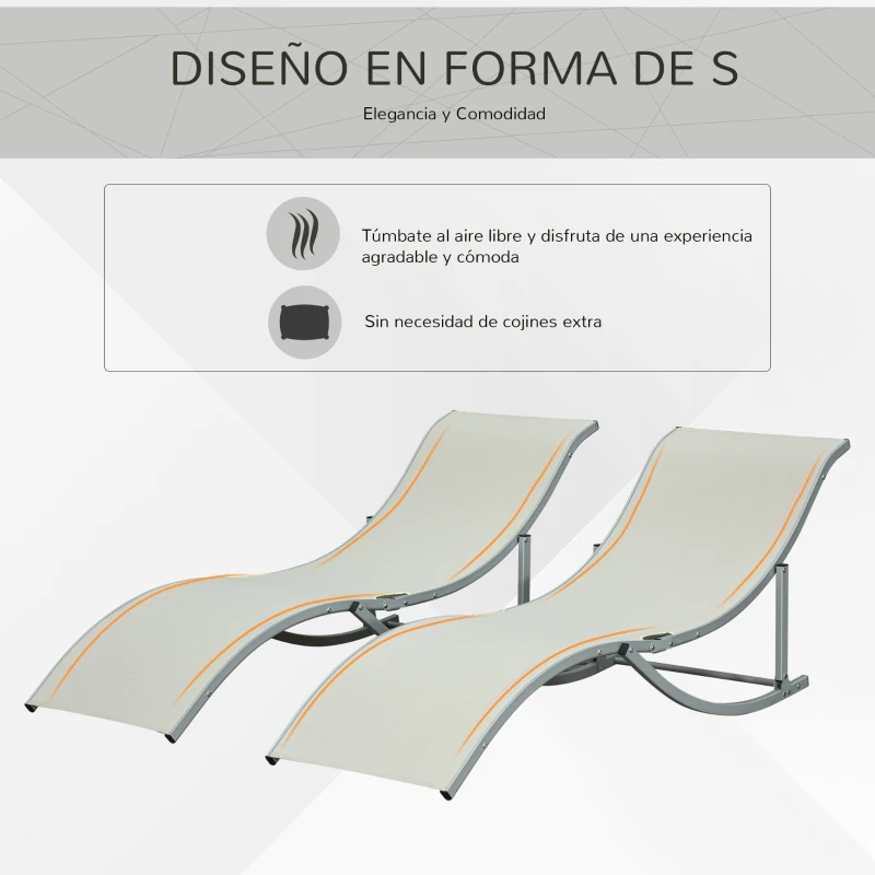 Outsunny 2 Tumbonas Plegables en Forma de S Ergonómica con Marco de Aluminio Texteline para Piscina Patio Jardín Terraza 165x61x63 cm Crema