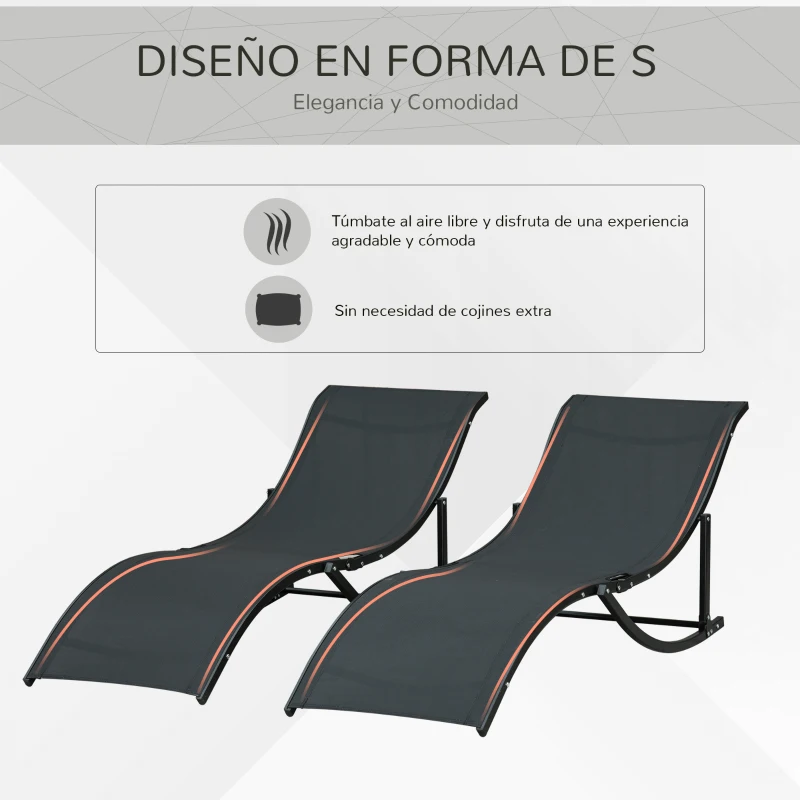 Outsunny 2 Tumbonas Plegables de Aluminio en Forma de S Ergonómica con Tela Texteline para Piscina Patio Jardín Terraza 165x61x63 cm Negro