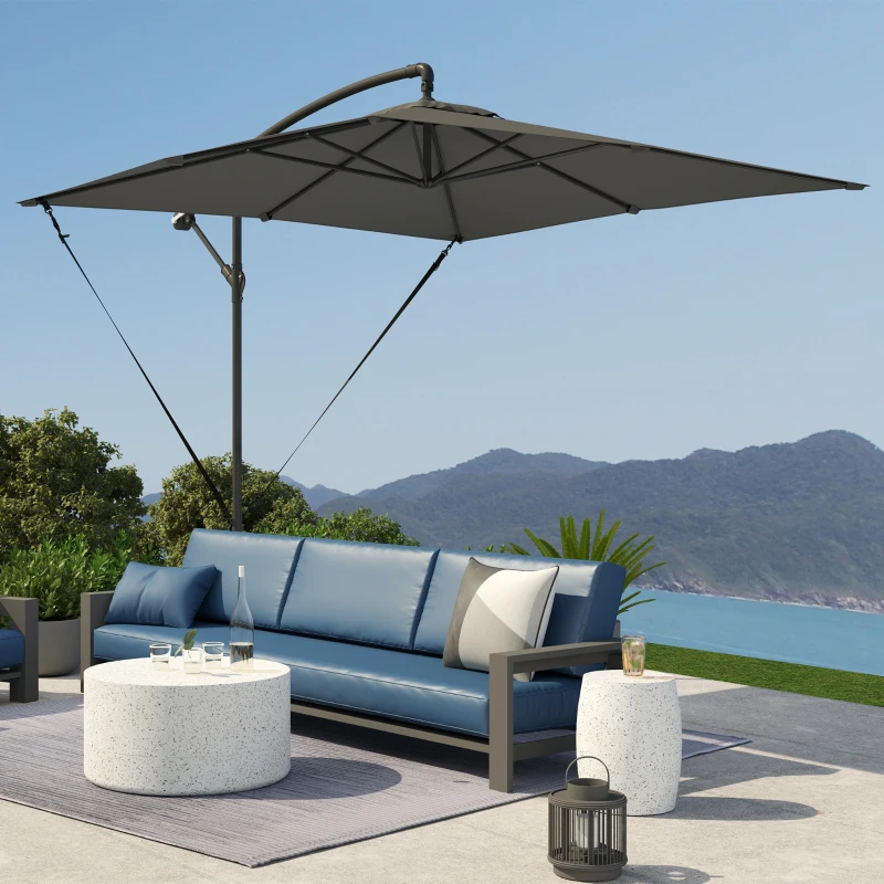 Outsunny Chapéu de Sol Excêntrico 247x247 cm com Base Cruzada Capa Ajustável Manivela Capa Protectora e Corda de Vento Cinza Escuro