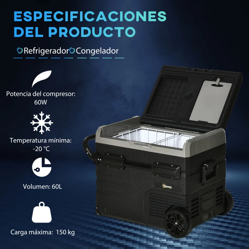 Outsunny Nevera Compresor Portátil 60L Nevera Portátil Eléctrica para Coche Congelador CC 12V/24V hasta -20℃ con Pantalla LED Táctil Asa Retráctil Ruedas para Camping Viajes 71,1x46x57,1 cm Negro